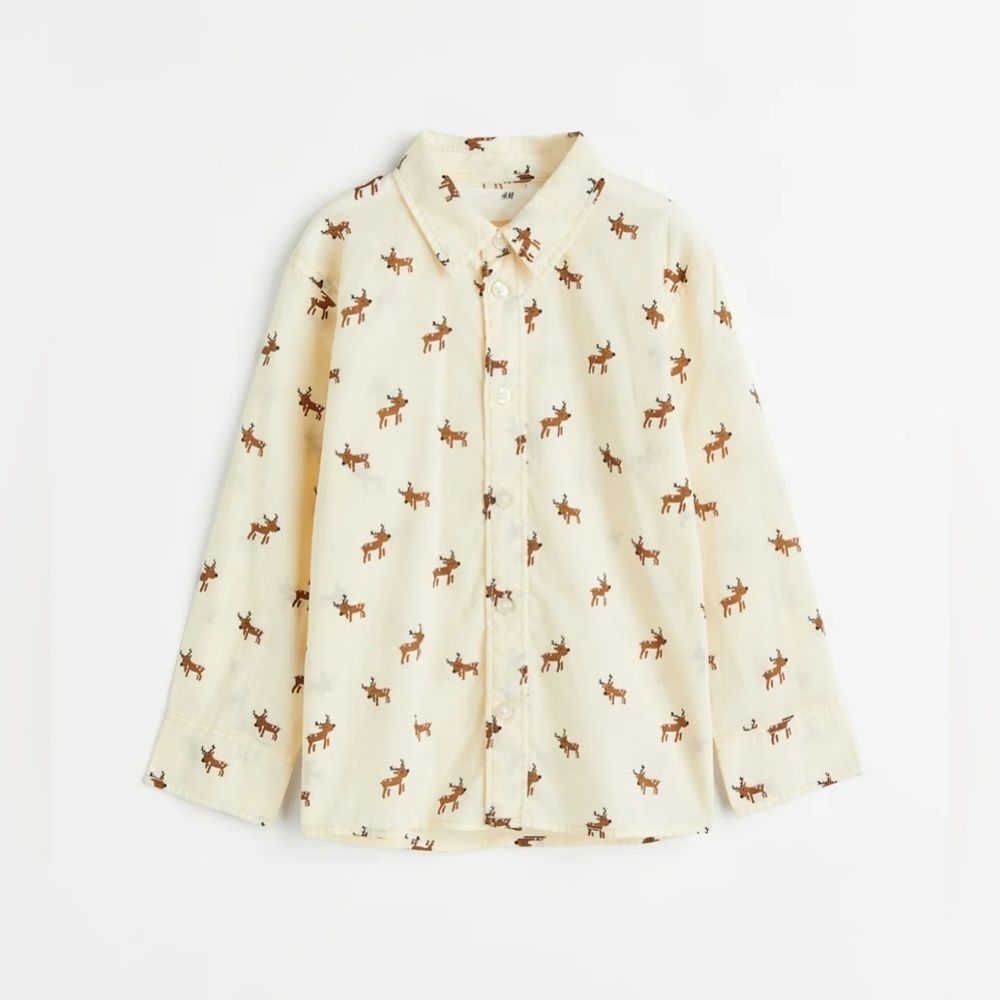 H&M Boys Holiday Reindeer Print Long Sleeve Button Down Shirt